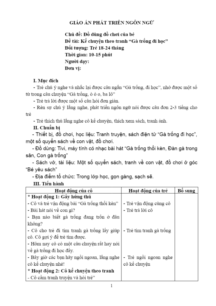 Giáo án kể chuyện “Gà trống đi học” cho trẻ 18–24 tháng