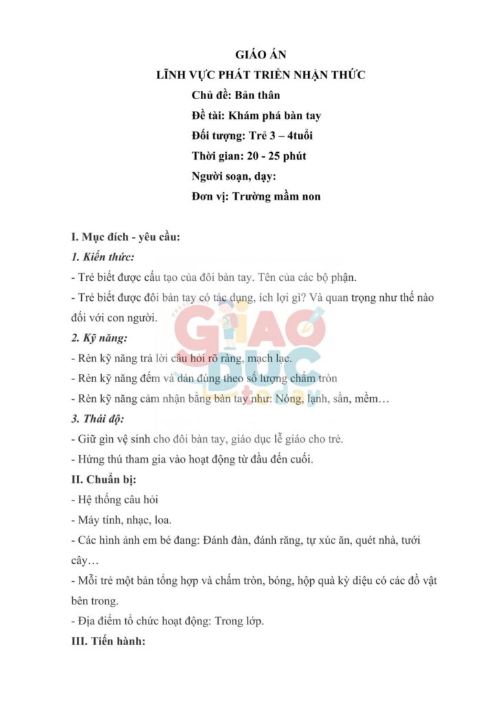 Giáo án Lĩnh vực PTNT “Khám phá bàn tay”. Lớp MG 3-4 tuổi