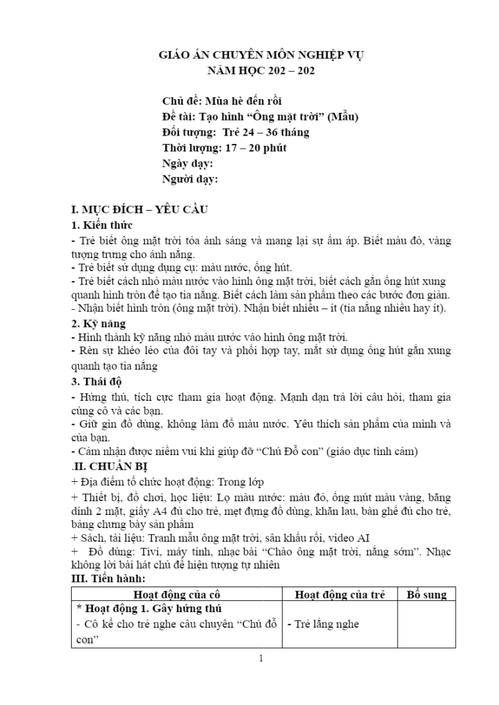 Giáo án hoạt động tạo hình “Ông mặt trời” cho trẻ 24–36 tháng