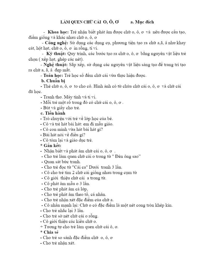 Giáo án làm quen chữ cái O, Ô, Ơ cho trẻ 5–6 tuổi