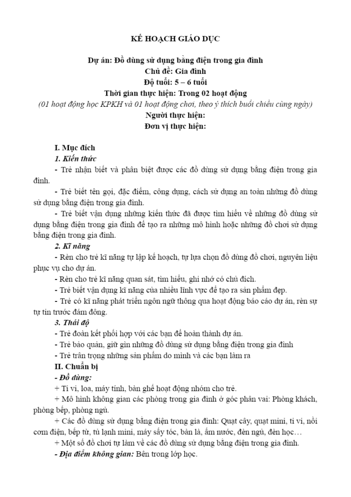Giáo án khám phá khoa học: Đồ dùng sử dụng bằng điện trong gia đình cho trẻ 5–6 tuổi